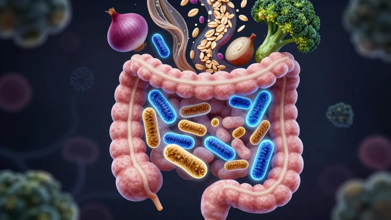 Vnitřní střevo s prospěšnými bakteriemi a potravinami bohatými na vlákninu.