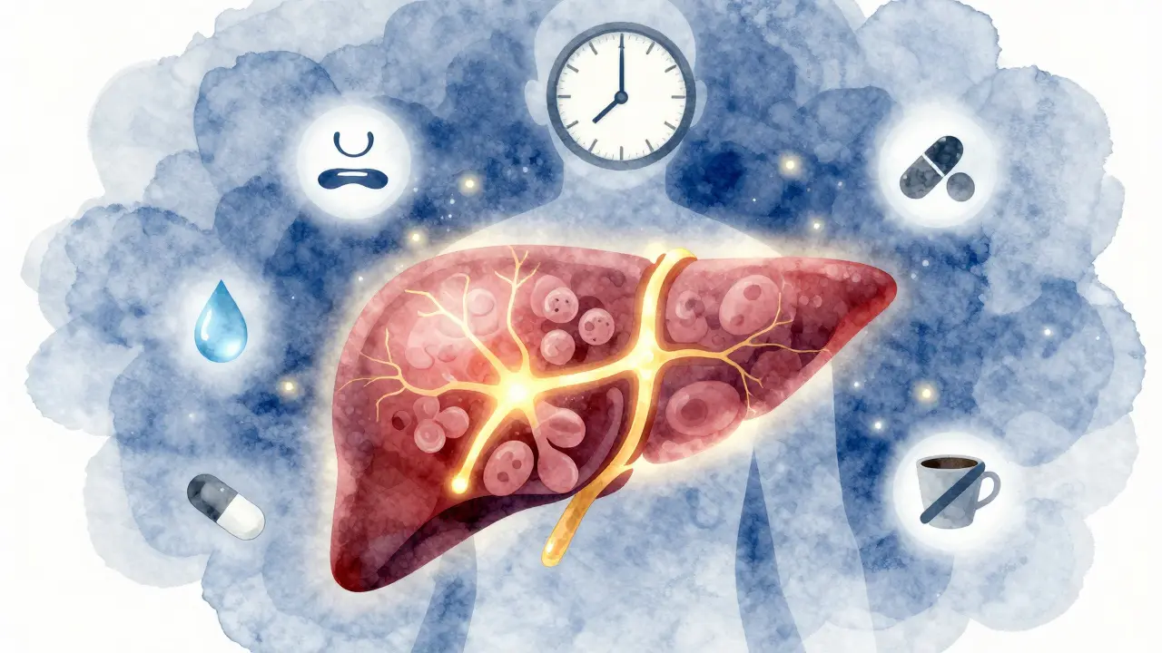 Vnitřní zobrazení jater, jak zpracovávají alkohol, s hodinami a symboly hydratace a odpočinku.