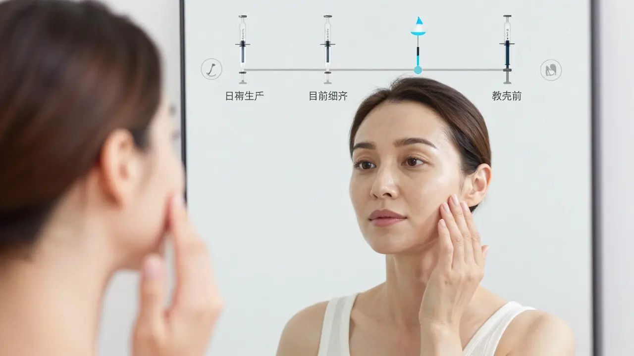 Woman admiring her rejuvenated skin in a mirror with subtle before-and-after visual effects.