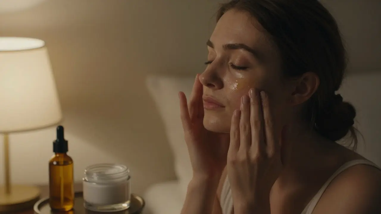 Žena aplikuje kastorový olej na obličej večer, v pokoji je klidné, teplé osvětlení.