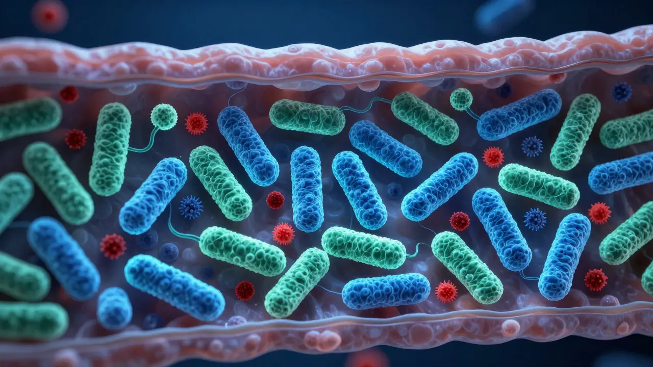 3D model prospěšných střevních bakterií tvořících ochrannou vrstvu.