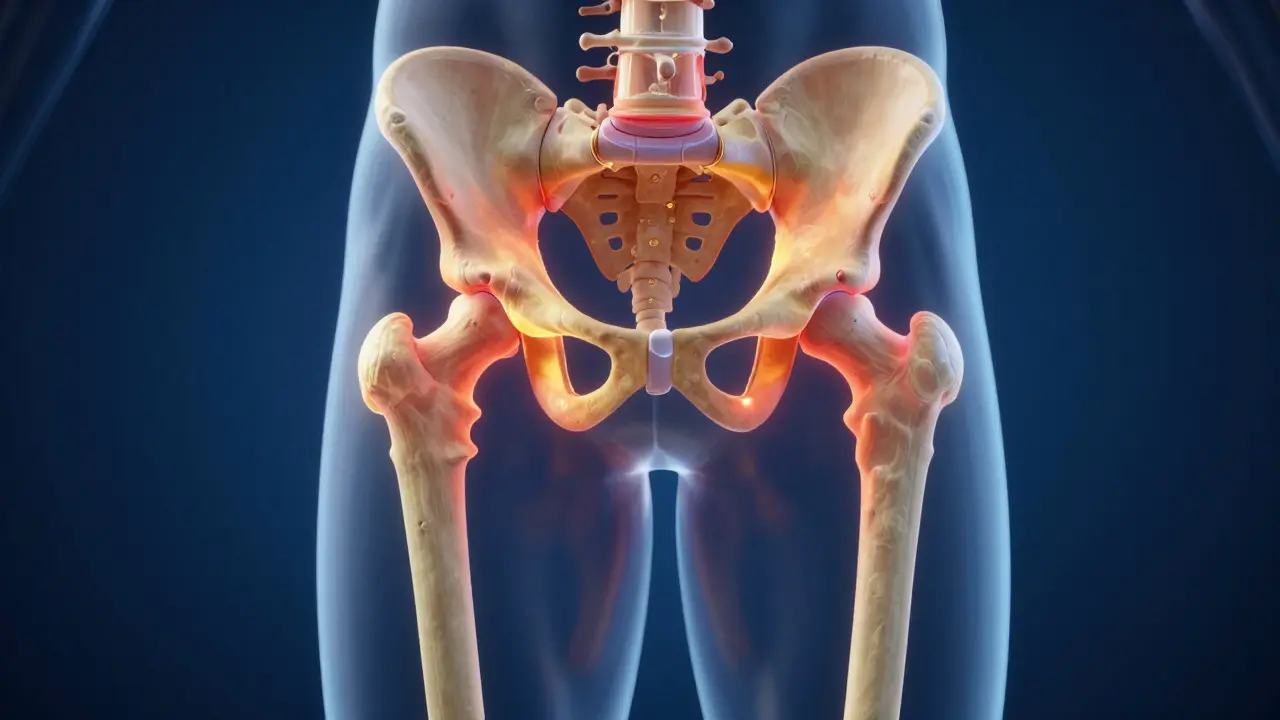 3D vizualizace kyčelního kloubu s červeným zvýrazněním oblastí bolesti.