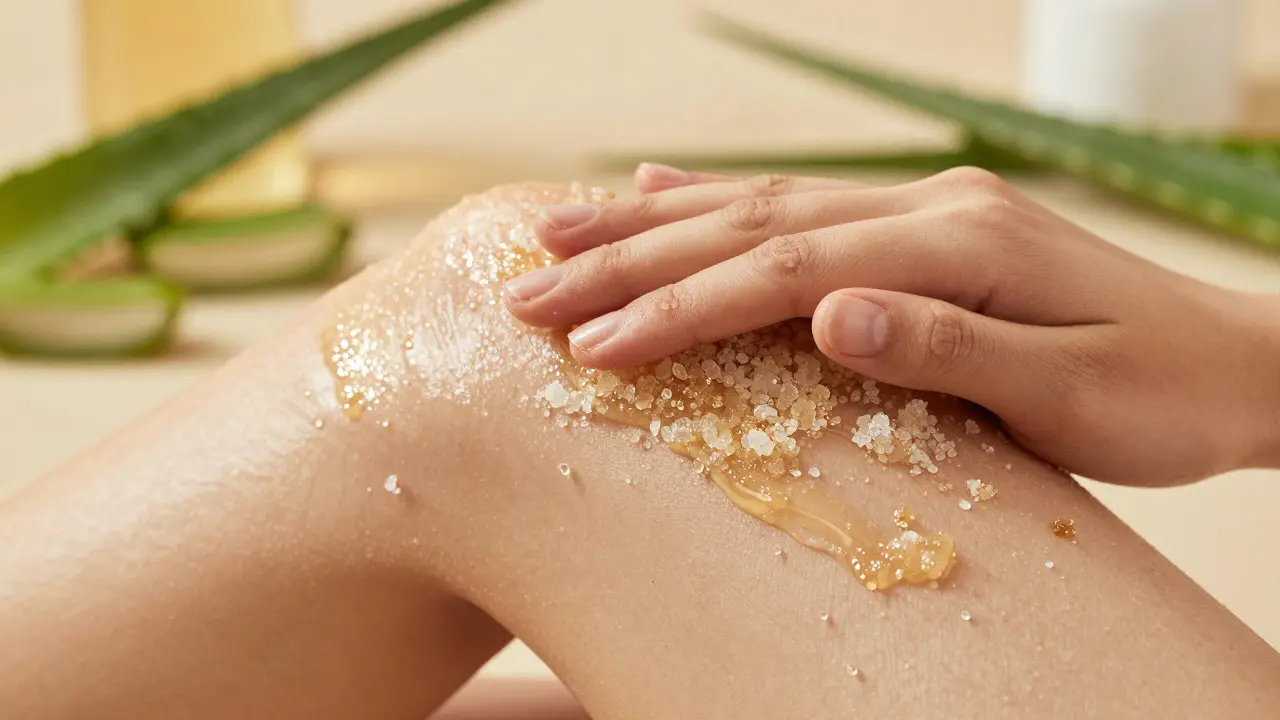 Aplikace cukrového peelingu na pokožku pro hladkost a prevenci zarostlých chlupků.