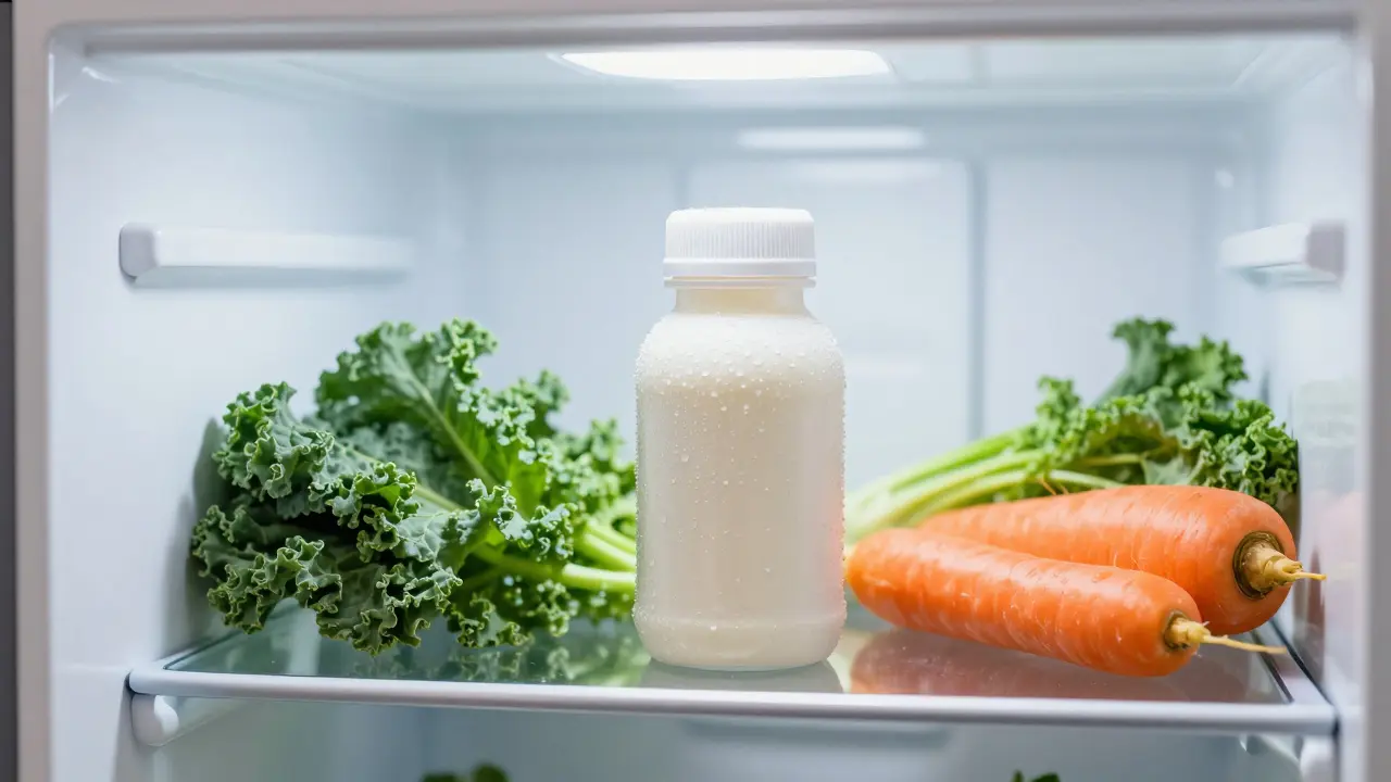 Balení probiotik Biopron správně skladované v chladu v moderní lednici.