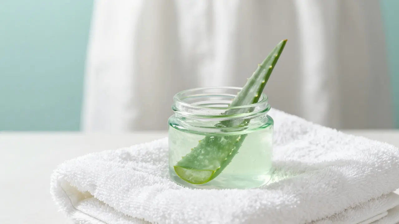 Chladivý gel z aloe vera a bílý ručník pro zklidnění pokožky.