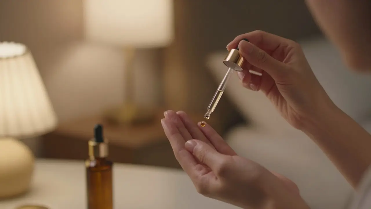Detail nanášení pleťového séra z kapátkové lahvičky během večerní beauty rutiny.