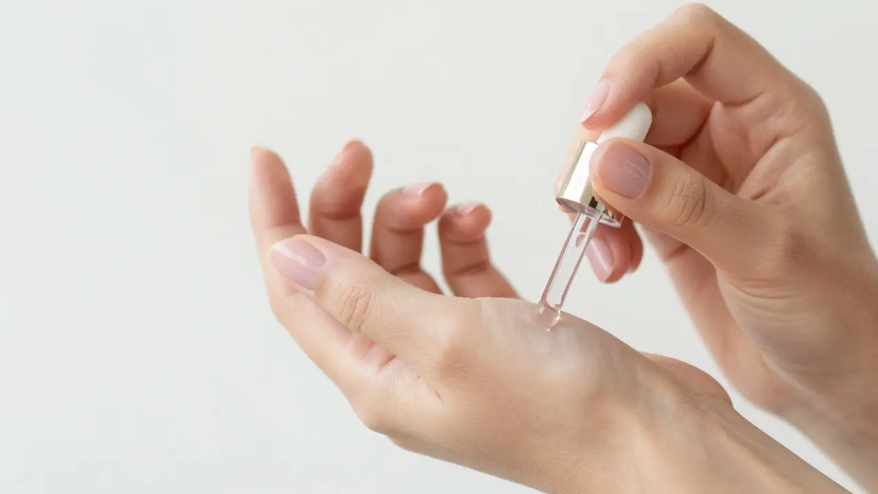 Detail péče o nehty při aplikaci regeneračního oleje na čisté, přirozené nehty.