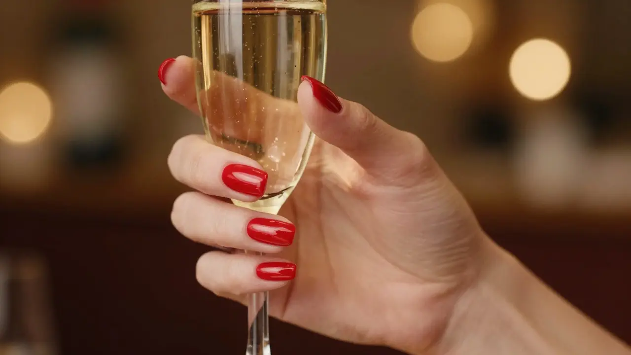 Detail ruky s klasickým červeným lakem na nehtech držící sklenici s šampaňským.