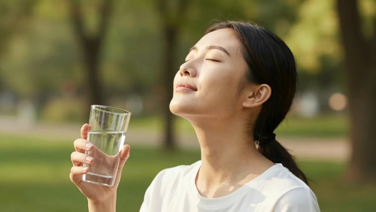 Klidný člověk v přírodě praktikující vědomé dýchání a pití vody.