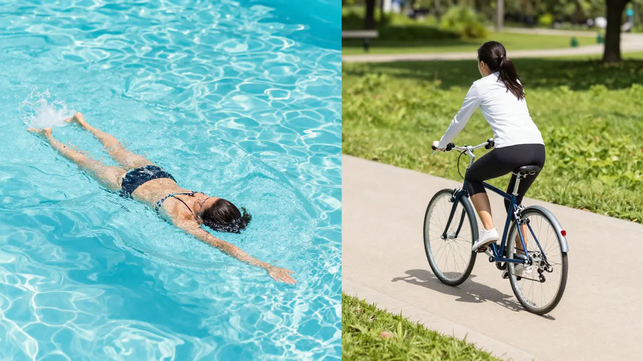 Kolař v parku a plavce v bazénu jako příklady šetrného pohybu pro klouby.
