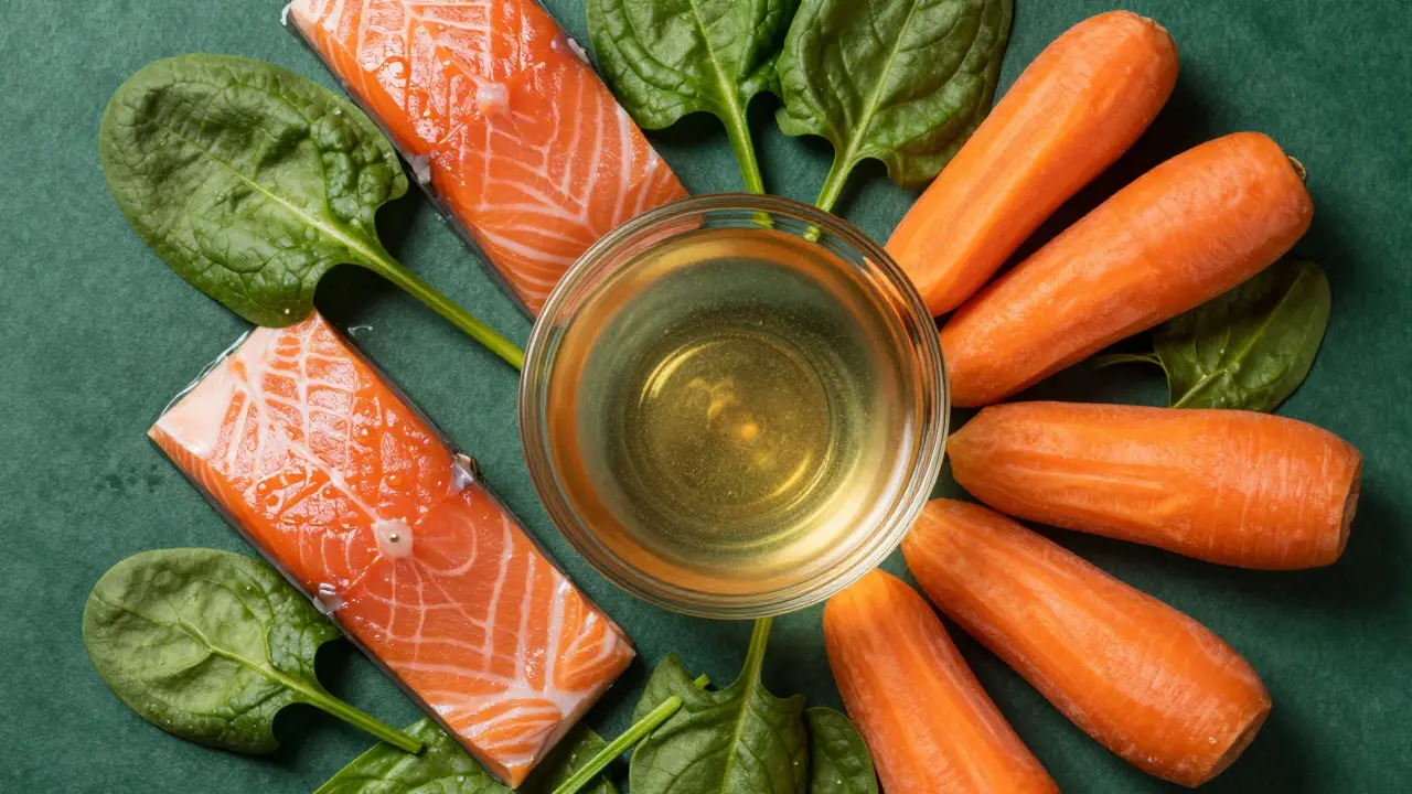 Kombinace lososu, špenátu a vývaru představující stavební prvky keratinu