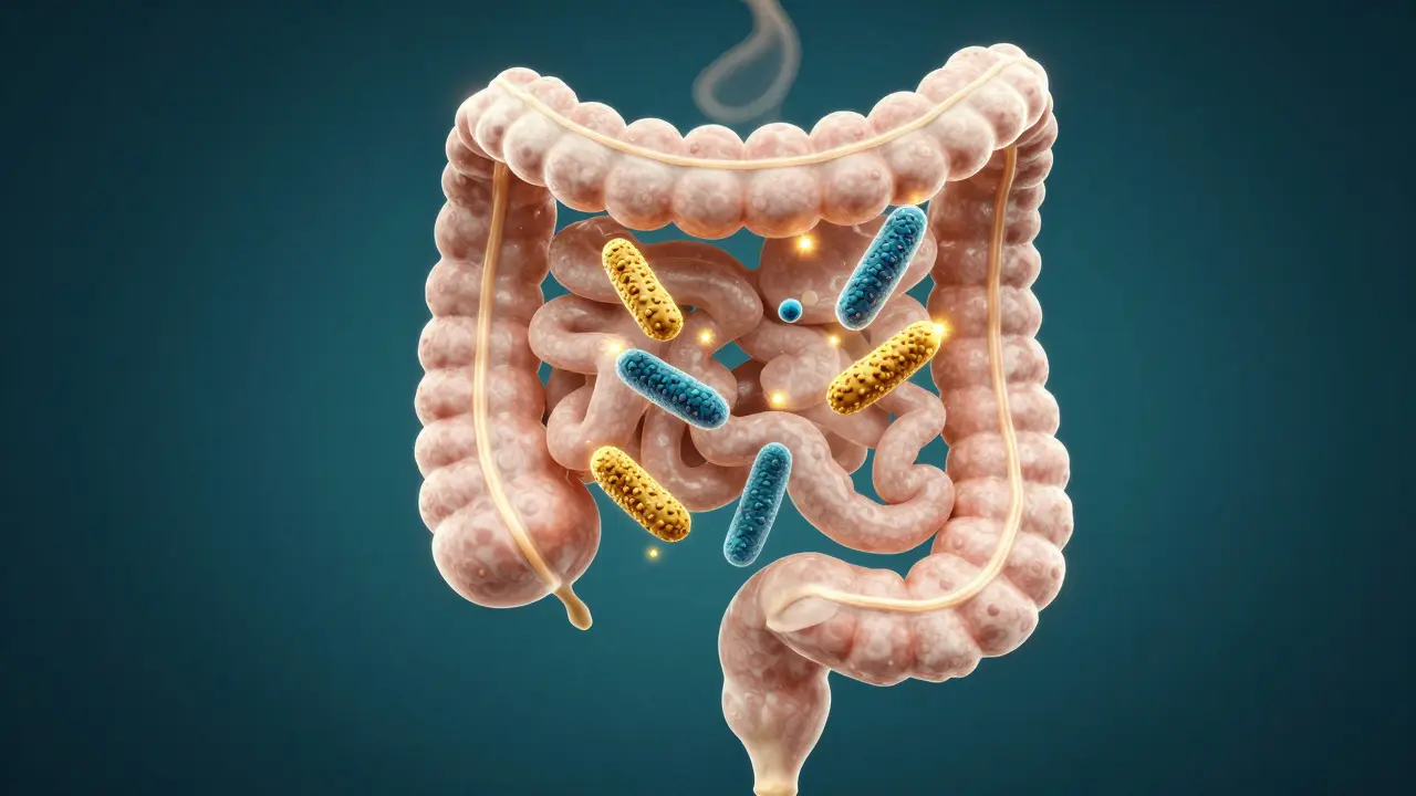 Konceptuální 3D ilustrace probiotických bakterií v lidském střevě.