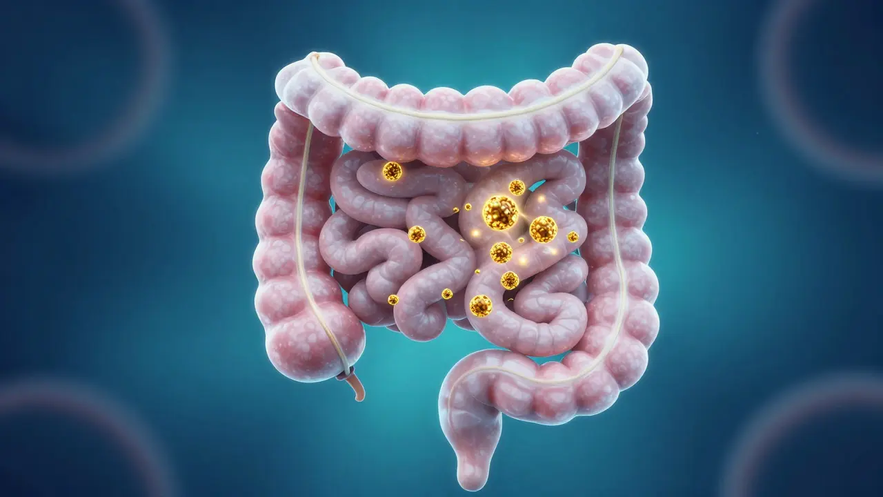 Konceptuální ilustrace obnovy střevní mikroflóry pomocí probiotik.