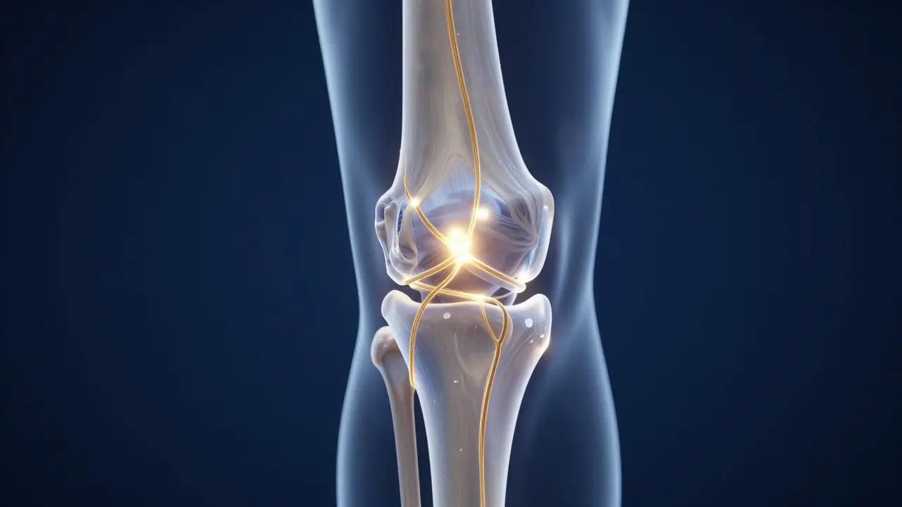 Konceptuální znázornění kolagenových vláken posilujících chrupavku v kolenním kloubu.