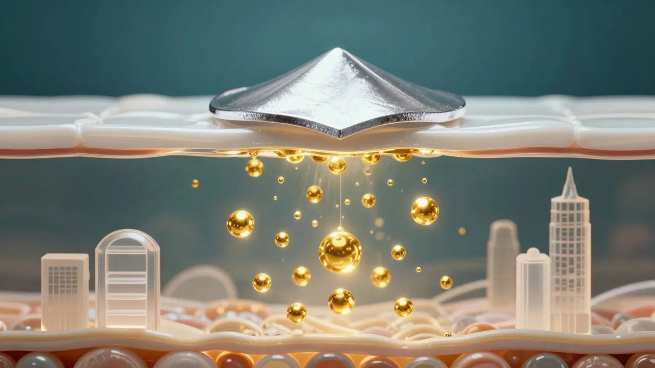 Konceptuální znázornění pronikání aktivních molekul séra do hlubokých vrstev pokožky.