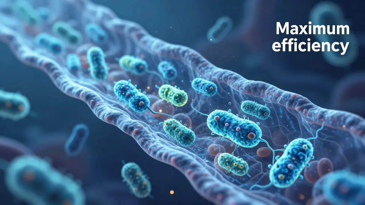 Konceptuální zobrazení aktivních probiotických bakterií v lidském střevě.