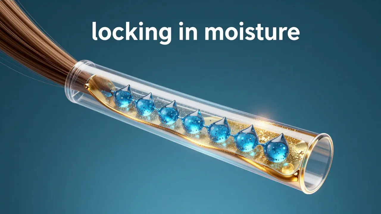 Konceptuální zobrazení hydratace a uzamčení vlhkosti uvnitř vlasového vlákna.