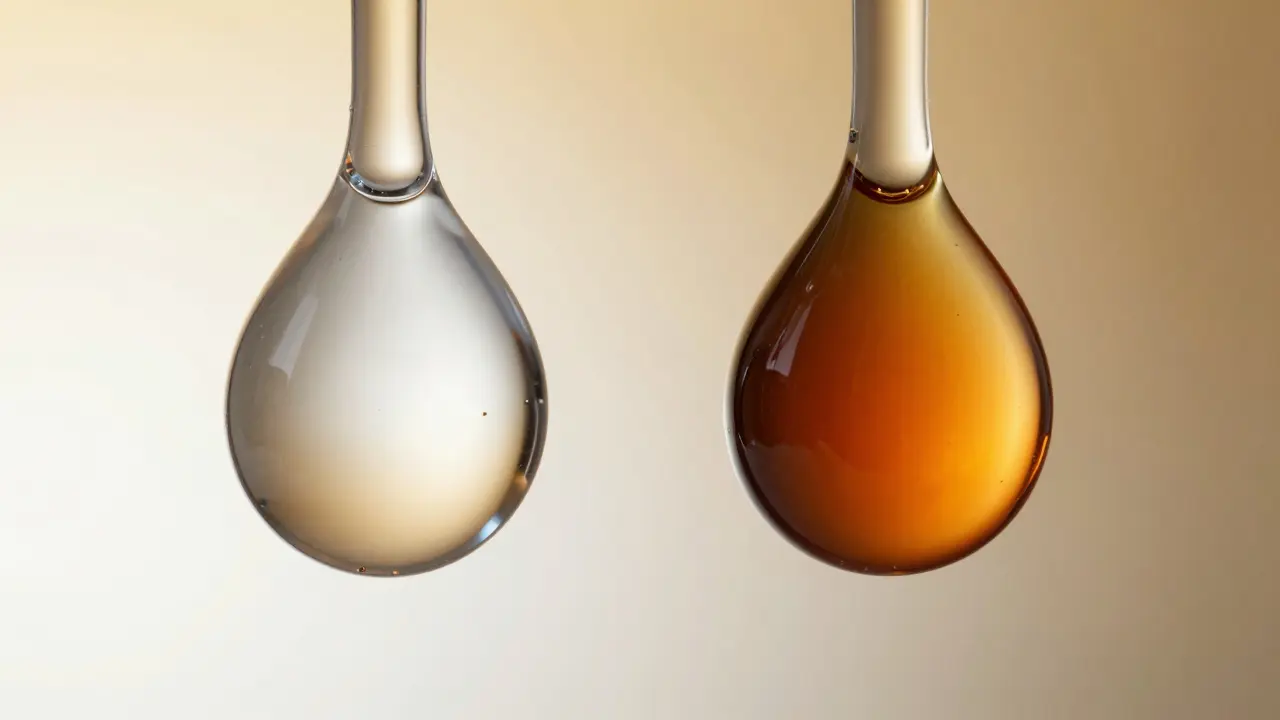 Konceptuální zobrazení oxidace séra z průhledné do tmavě oranžové barvy.