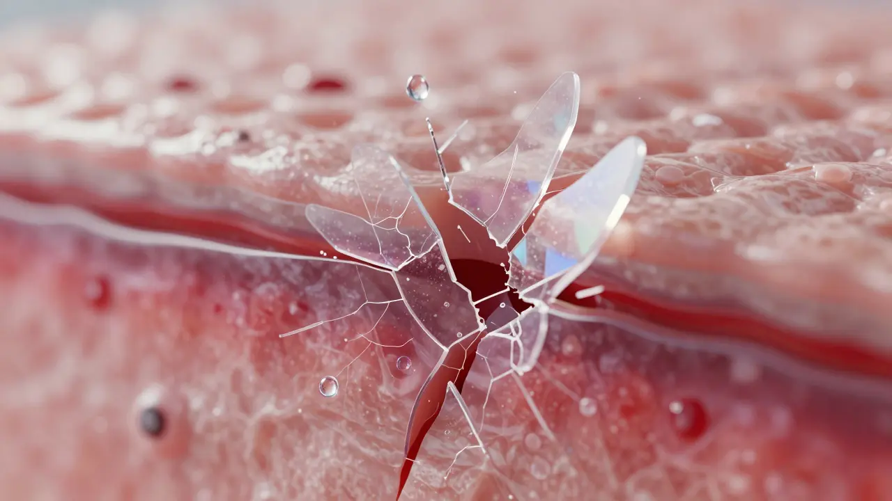 Konceptuální zobrazení praskající kožní bariéry v důsledku agresivní péče.