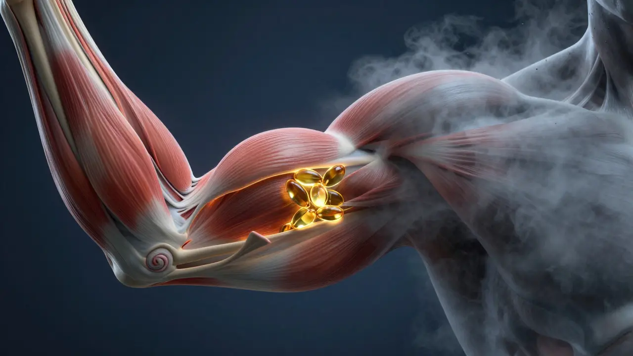 Konceptuální zobrazení vlivu trans tuků na zpomalení regenerace svalových vláken.