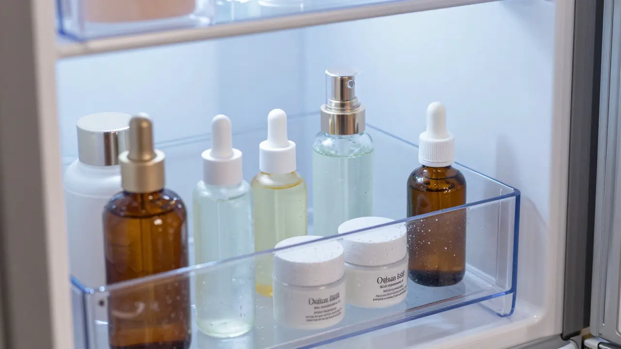 Kosmetická séra a oční krémy uložené v organizéru v lednici.