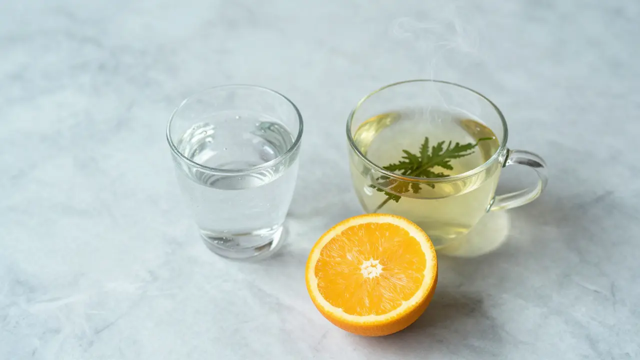 Minerálka, kopřivový čaj a pomeranč jako symboly hydratace a vitamínu C