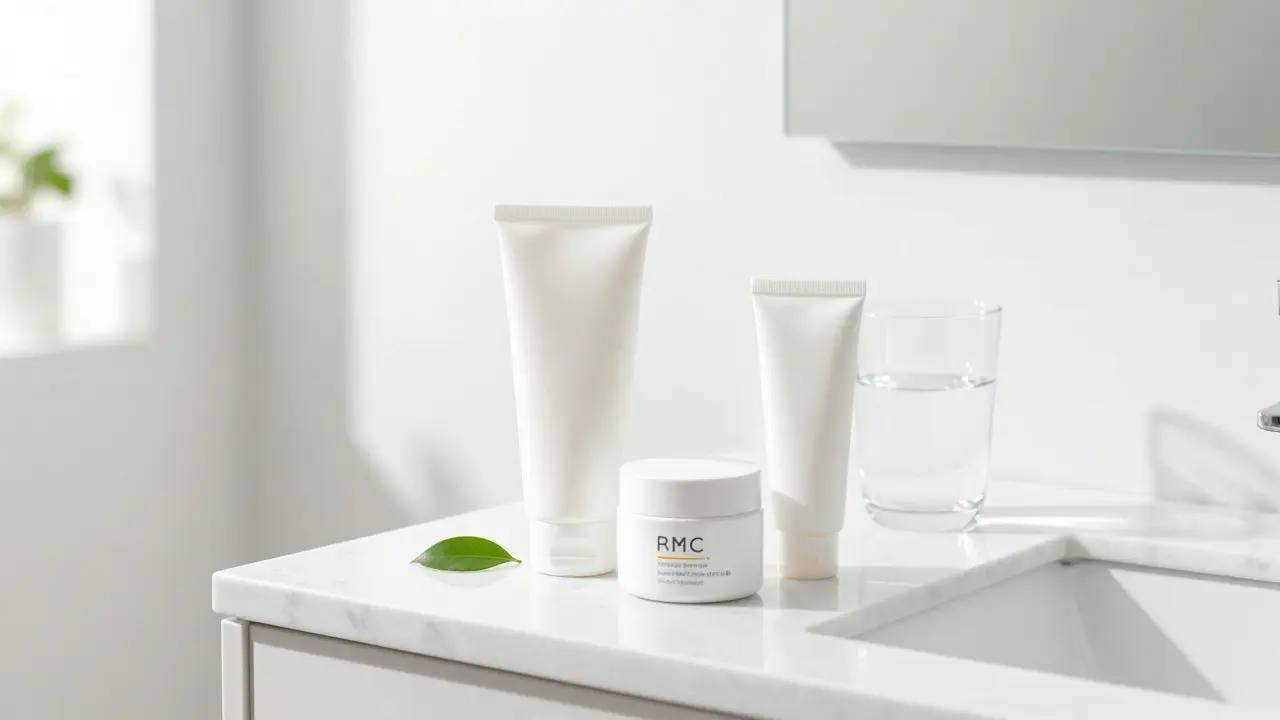 Minimalistická sestava jemného čističe, hydratačního krému a SPF krému.