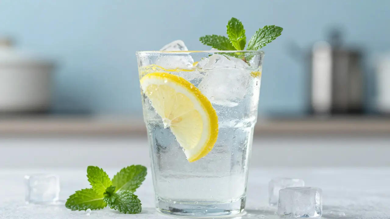 Osvěžující sklenice ledové vody s citronem a mátou pro detoxikaci.