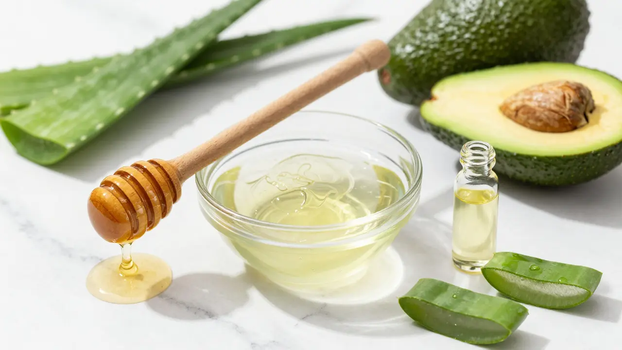 Přírodní ingredience jako aloe vera, med, avokádo a oleje na mramorové ploše.