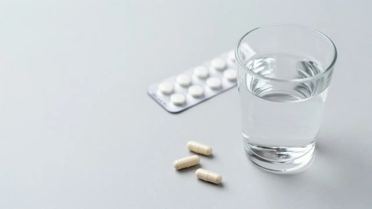 Probiotické kapsle a sklenice vody vedle antibiotik jako symbol obnovy mikroflóry.