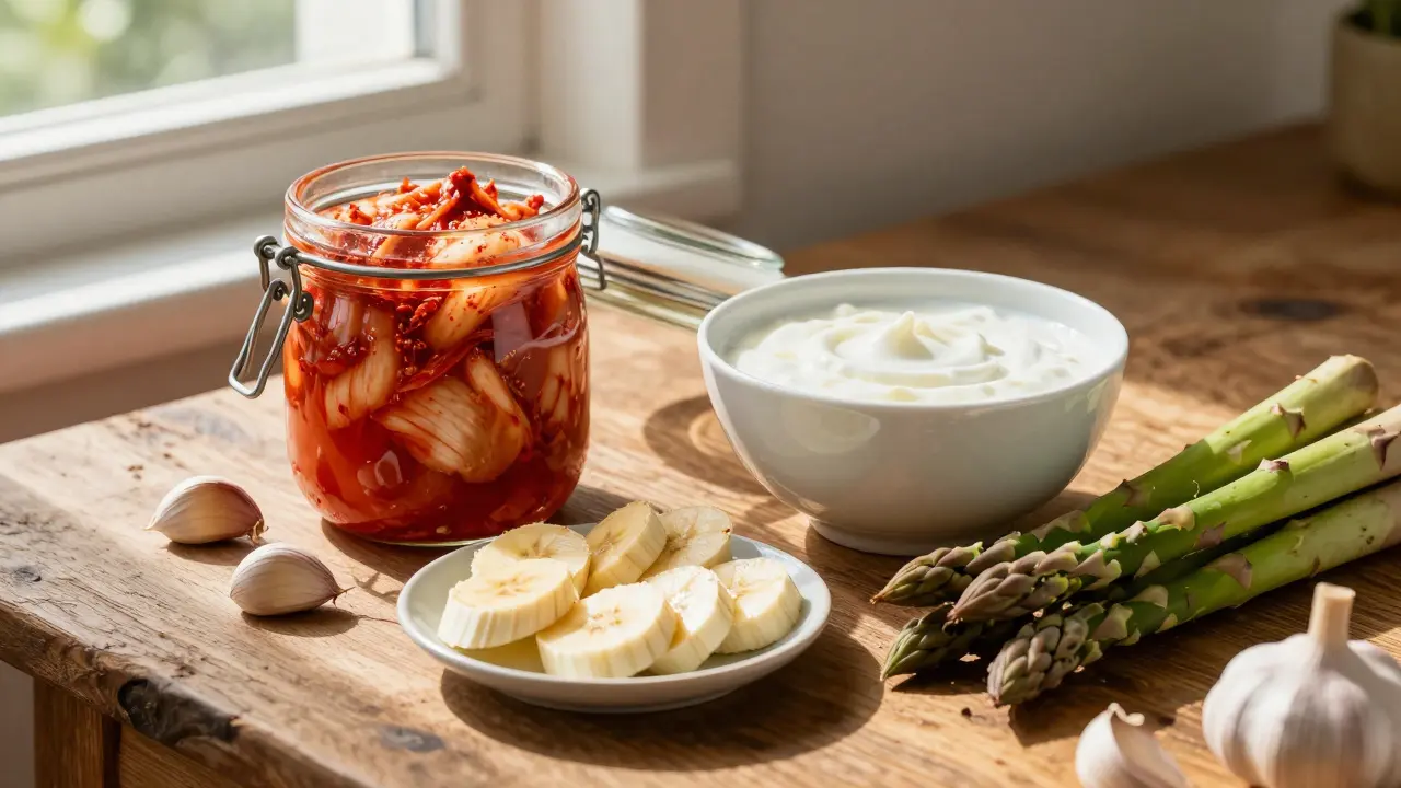 Sada fermentovaných potravin a prebiotik jako kimchi, kefir, banány a česnek.