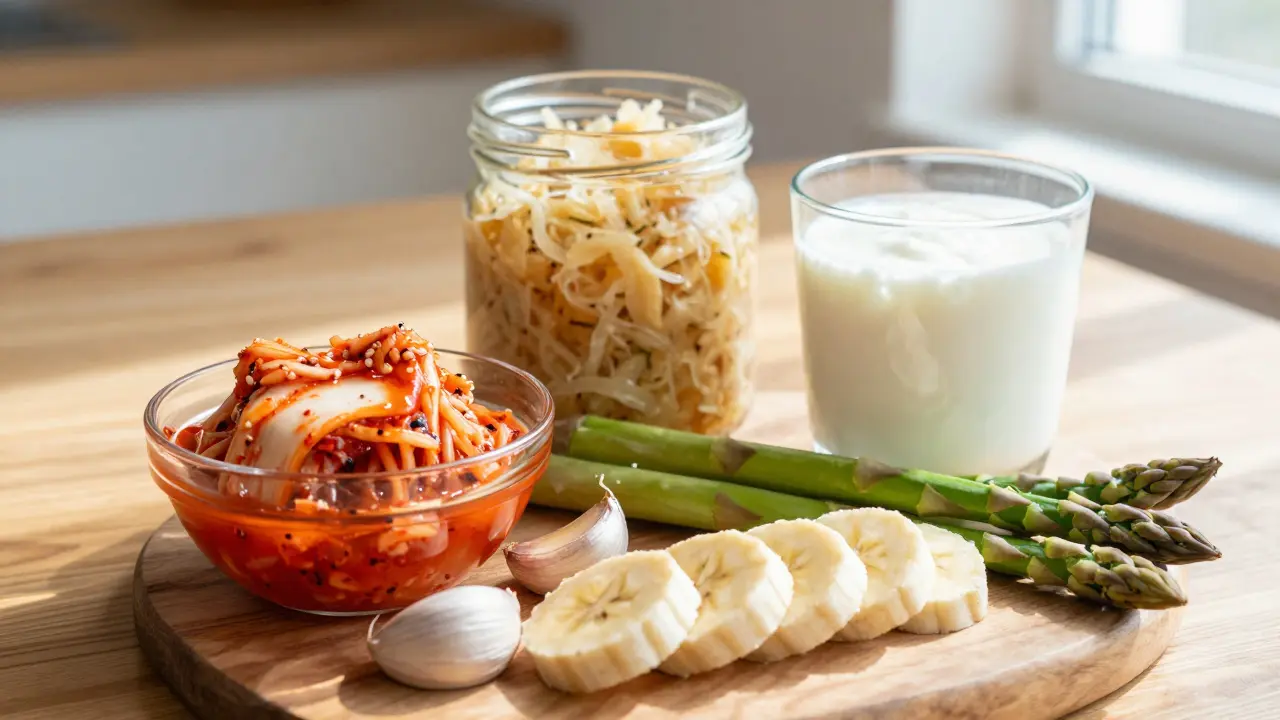 Sada fermentovaných potravin a prebiotik na dřevěném stole.