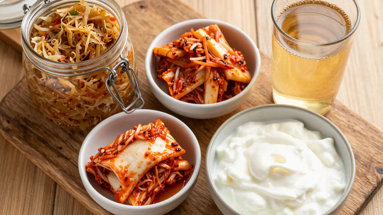 Sada fermentovaných potravin včetně kysaného zelí, kimchi, kombuchy a kefiru.