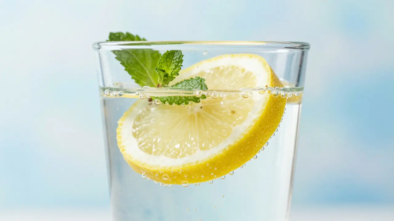 Sklenice čisté vody s plátkem citronu a lístkem máty v osvěžující atmosféře.