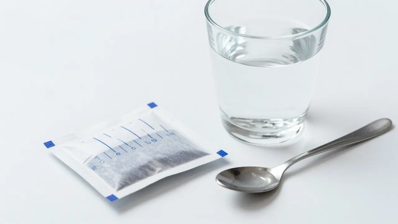 Sklenice vody a rehydratační roztok pro pomoc při dehydrataci.