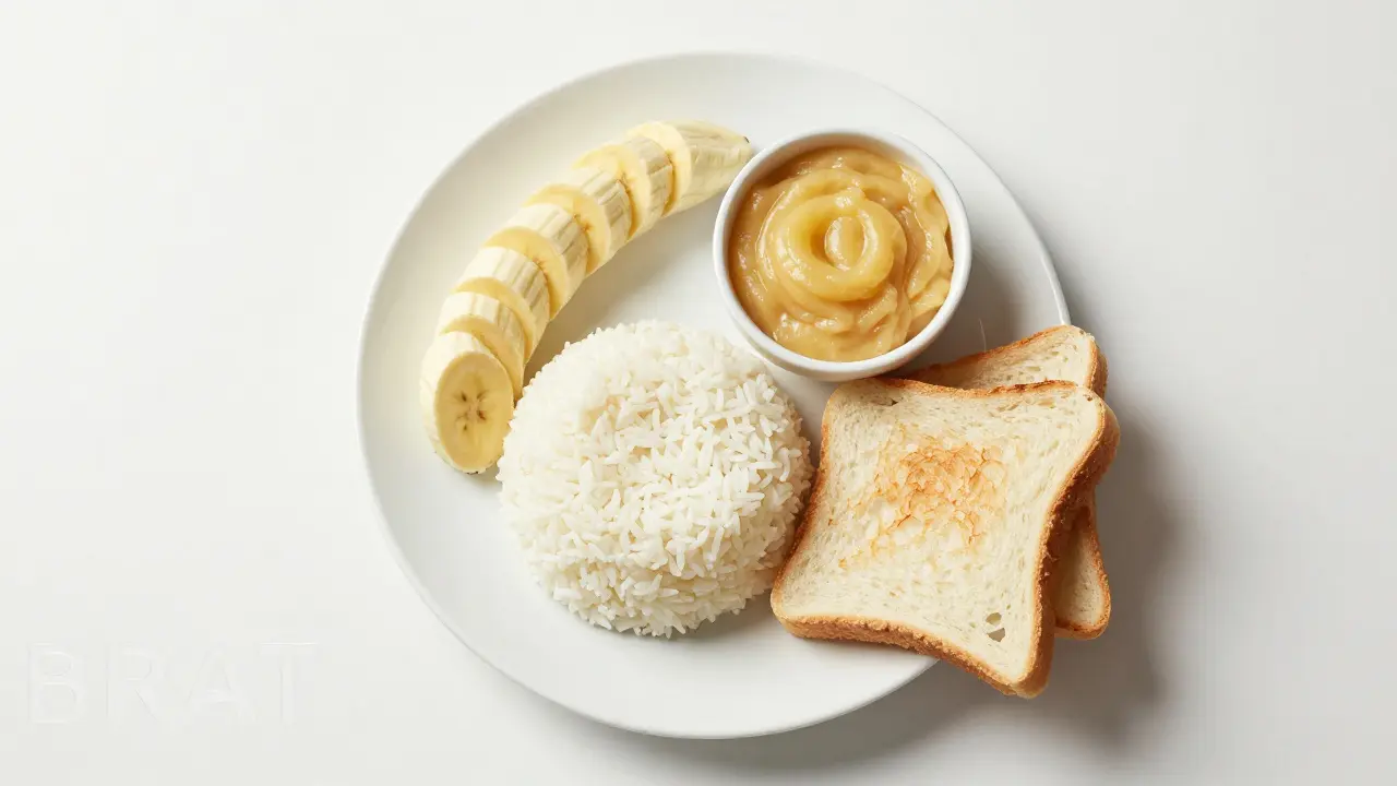 Talíř s banánem, rýží, jablečným pyré a toastem na bílém pozadí.