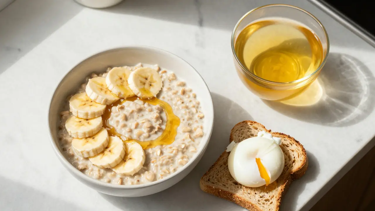 Zdravá snídaně s banány, vejcem a vývarem pro regeneraci těla.