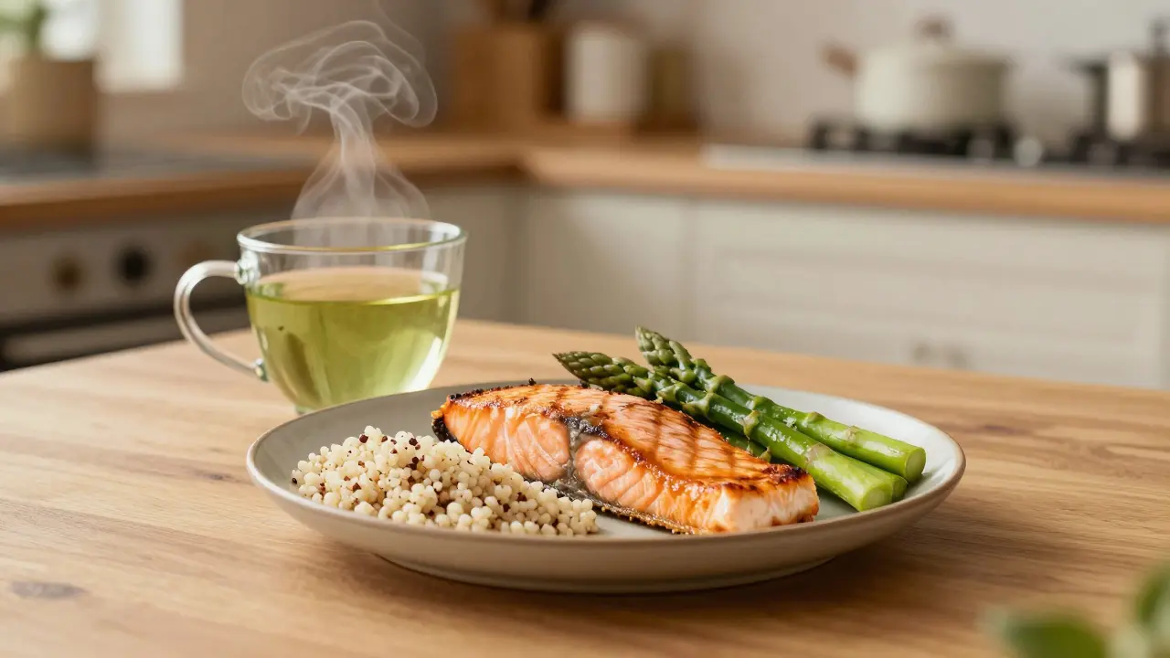 Zdravý oběd tvořený pečeným lososem, quinuou, chřestem a šálkem zeleného čaje.