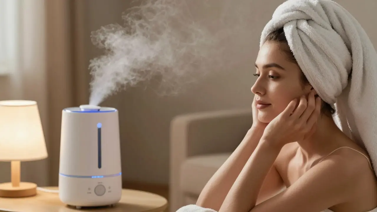 Žena s maskou na vlasech v místnosti se zvlhčovačem vzduchu