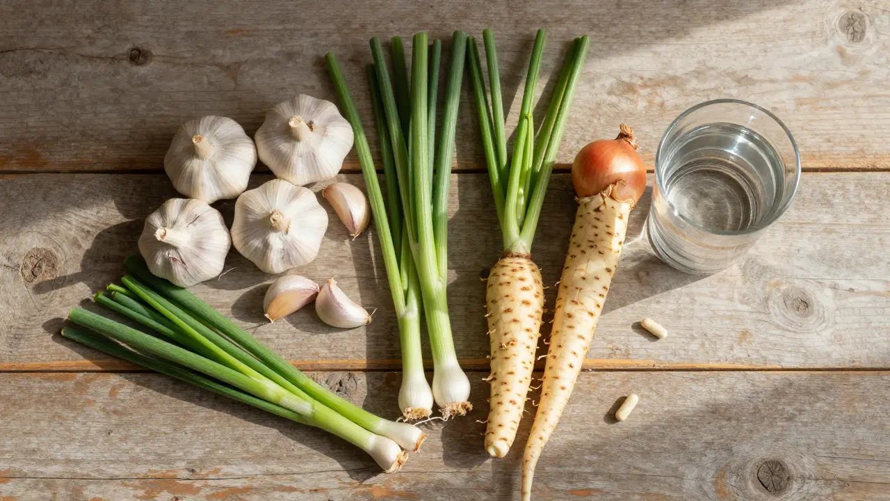 Česnek, cibule a kapsle probiotik na dřevěném stole