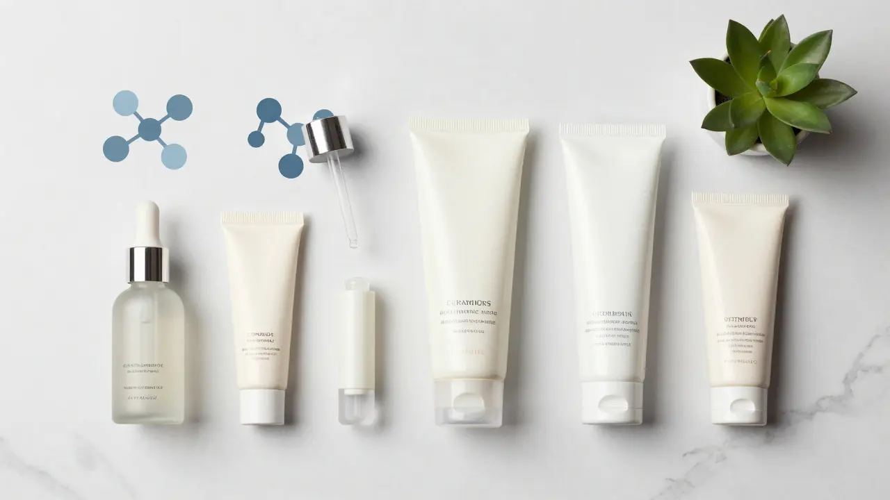 Minimalistické uspořádání kvalitních dermálních produktů na mramoru