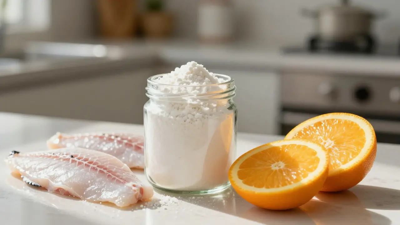 Práškový rybi kolagen vedle čerstvého rybího masa a citrusů