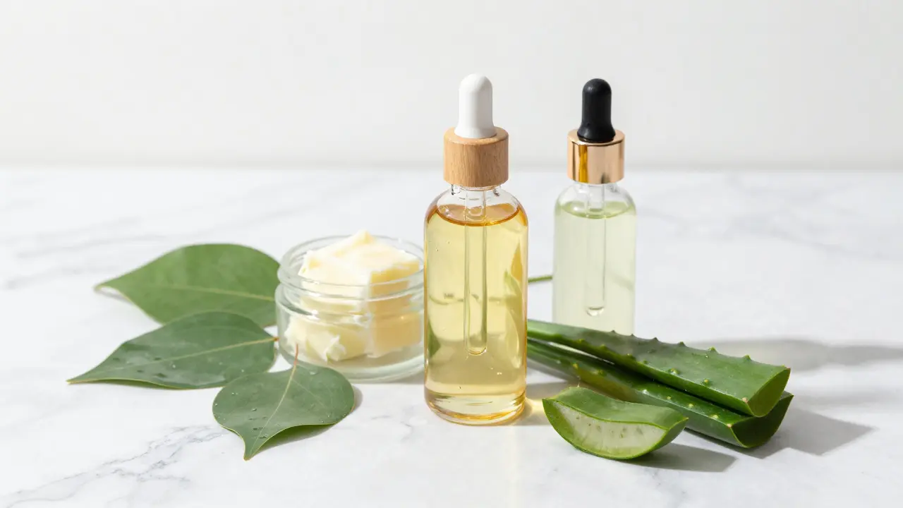Přírodní ingredience jako arganový olej a aloe vera na mramoru