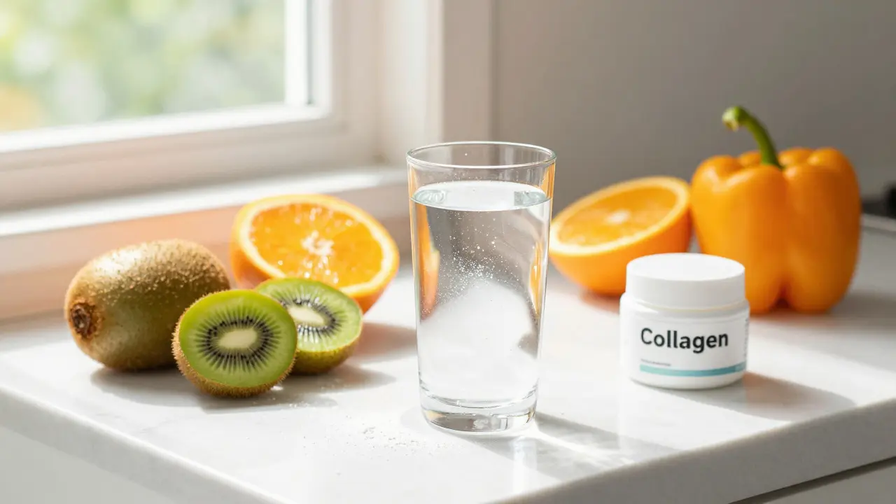 Sklenice vody s kolagenem a čerstvým ovocem bohatým na vitamín C
