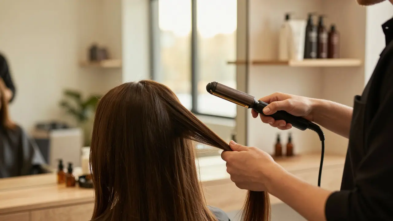 Stylistka aplikuje keratinovou léčbu žehličkou v salónu