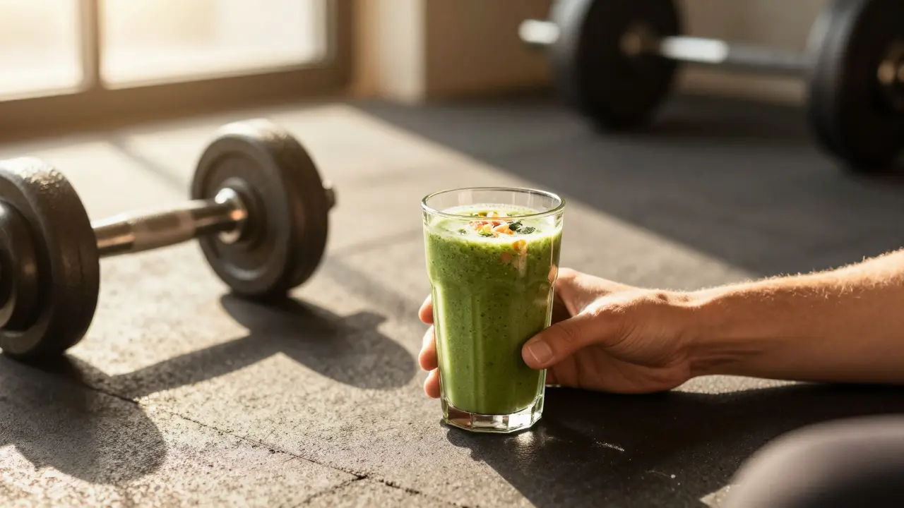 Zdravý smoothie vedle činky jako doplněk po tréninku