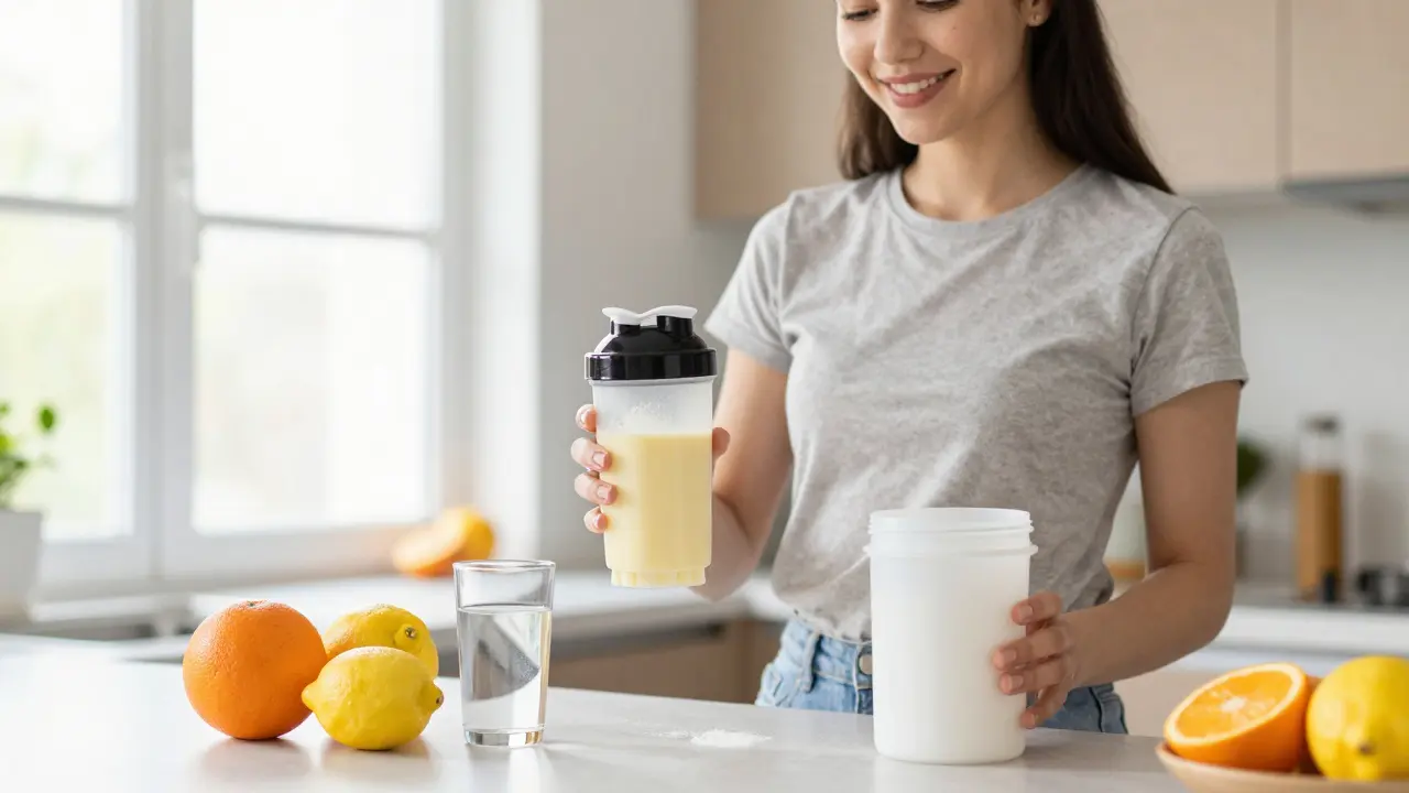 Žena připravuje ranní smoothie s kolagenem a citrusy v světlé kuchyni.