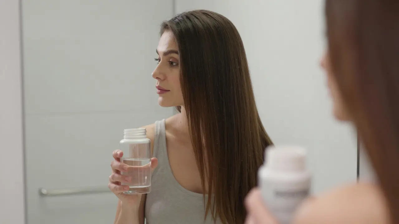 Žena s hustými vlasy a doplňkem kolagenu v koupelně