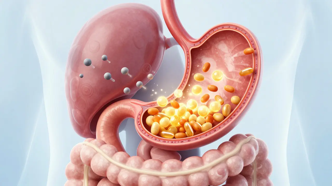 Ilustrace vstřebávání vitamínu D tuky v trávicím traktu