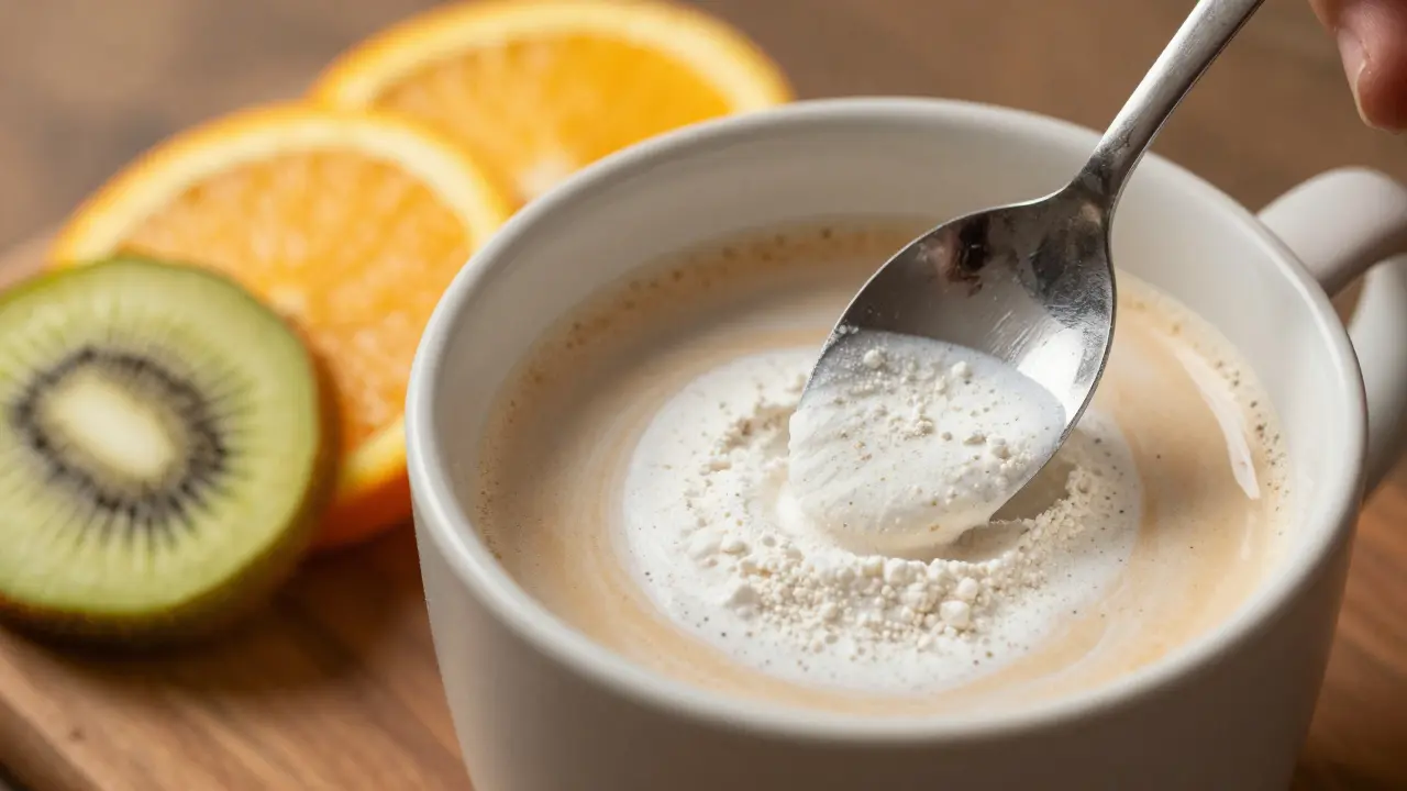 Miska kávy s míchaným kolagenem a ovocem bohatým na vitamin C